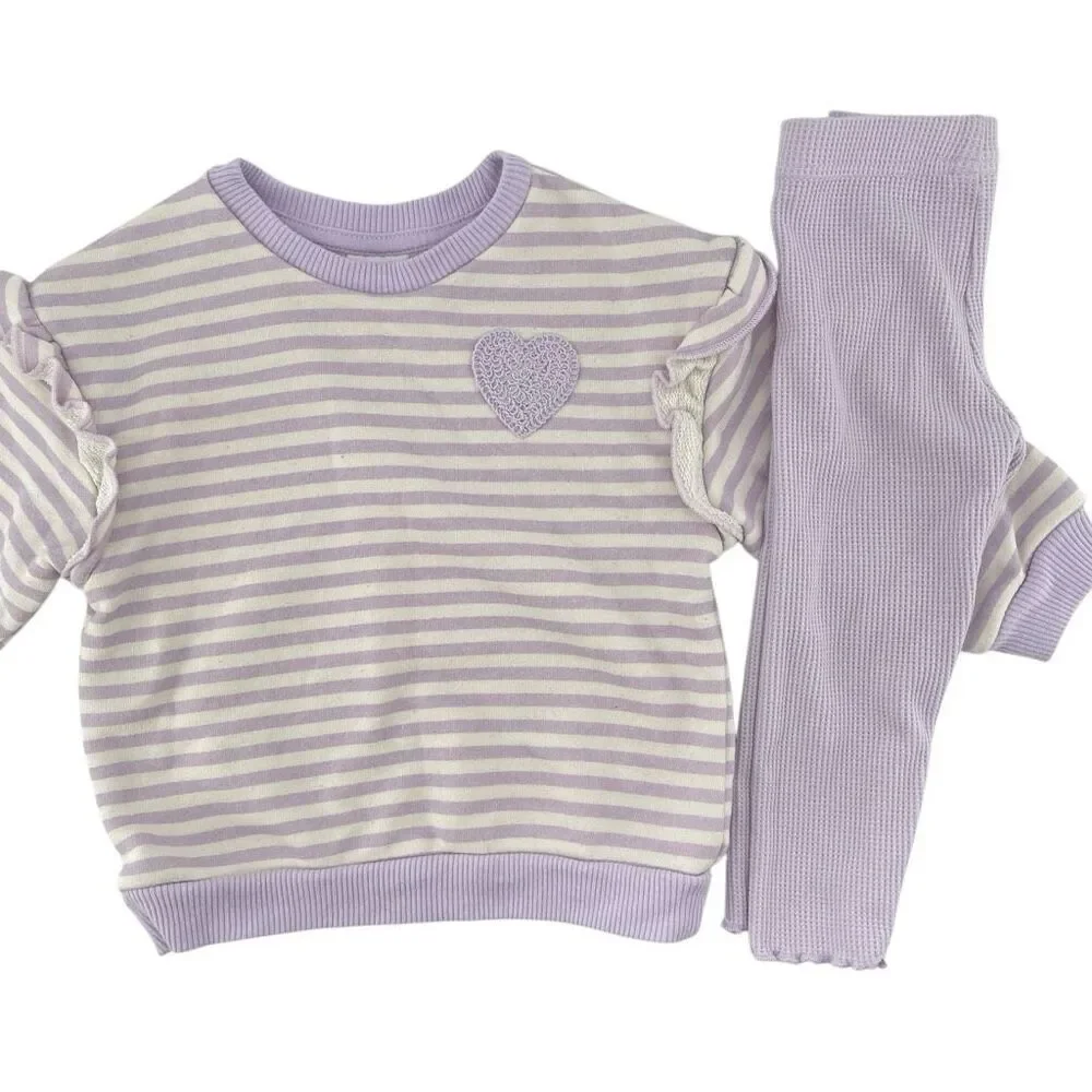 Girls 18M Purple Striped Ruffle Sweatshirt Waffle Knit Leggings 2pc Playwear Set